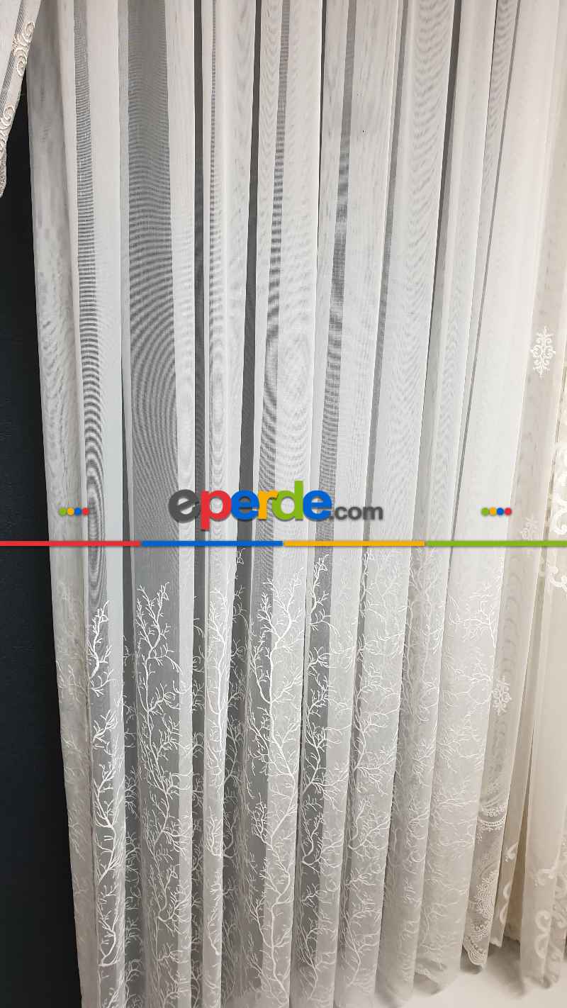 Salon - Selvi İşlemeli Tül Perde- Beyaz