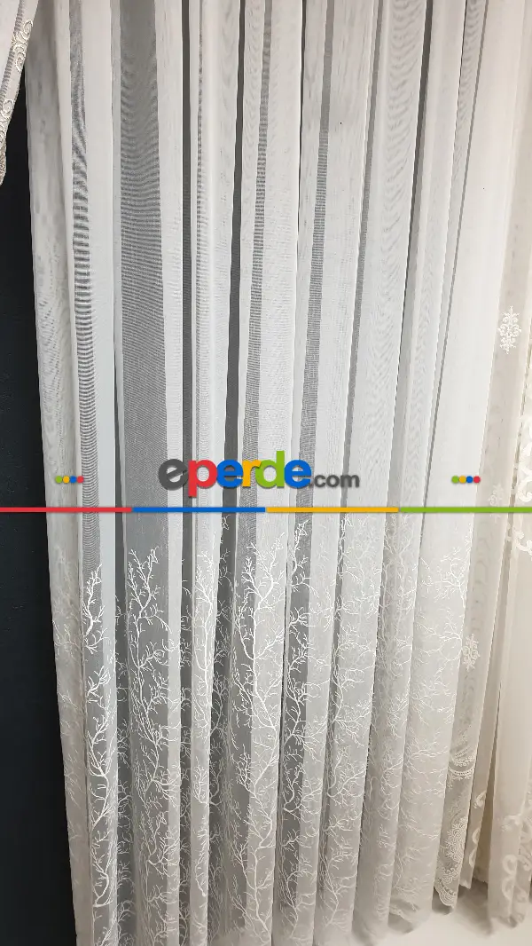 Salon - Selvi İşlemeli Tül Perde- Beyaz