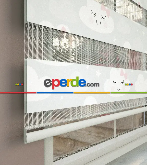 Bulut Desenli Baskılı Zebra Perde- Çok Renkli