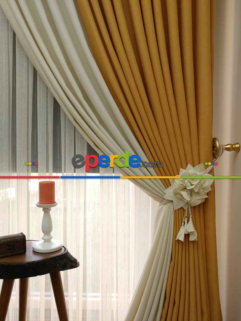 Salon Fon Perde - Hardal Sarı Krem Renk Kombinli Jakar Desenli Fon Perde- Krem