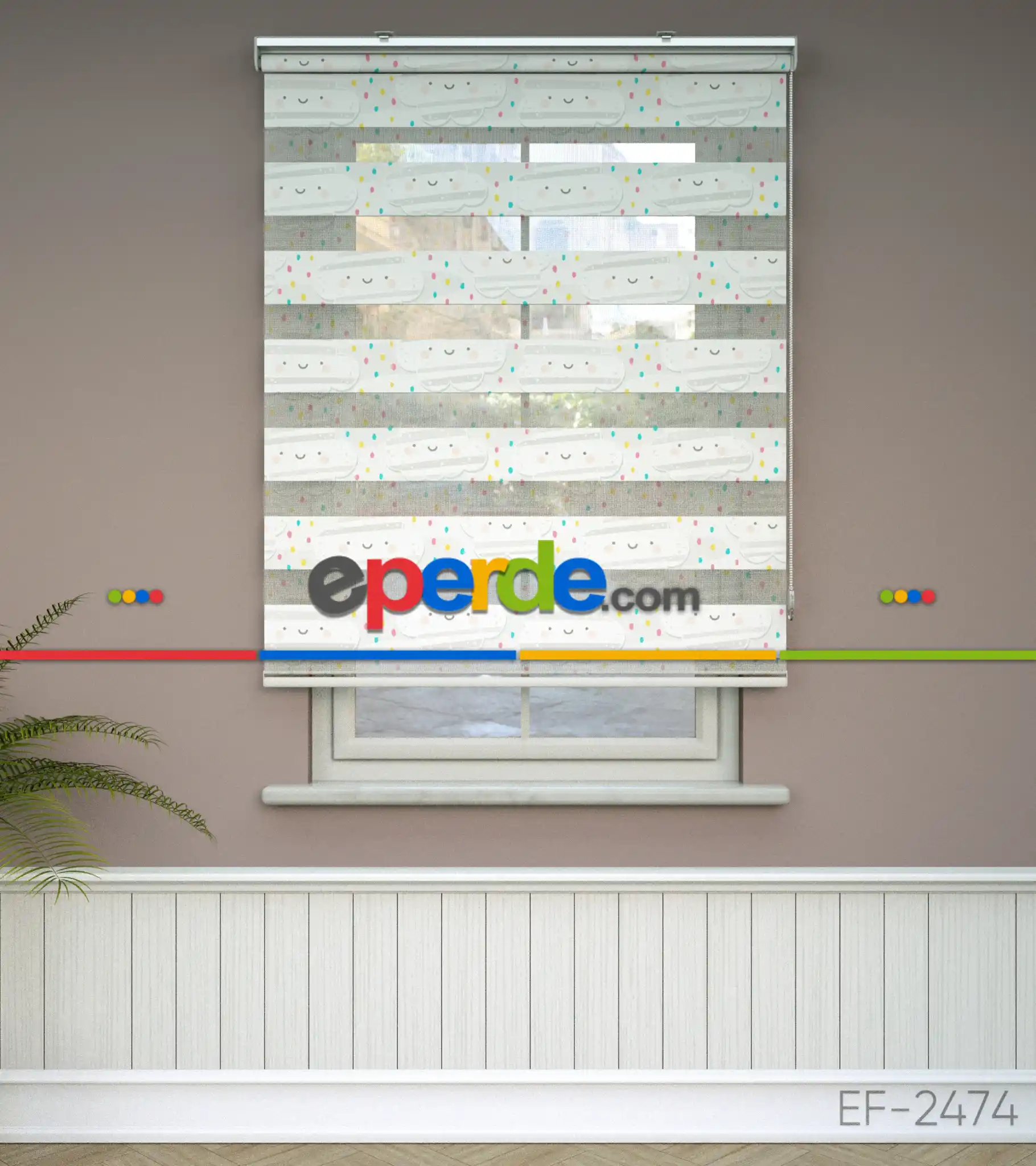 Bulut Desenli Baskılı Zebra Perde- Çok Renkli