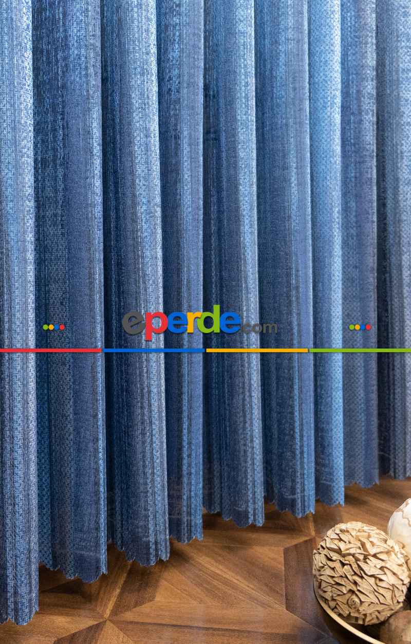 Modern Mavi Desenli Degrade Geçişli Tül - Örme Dantel Tül