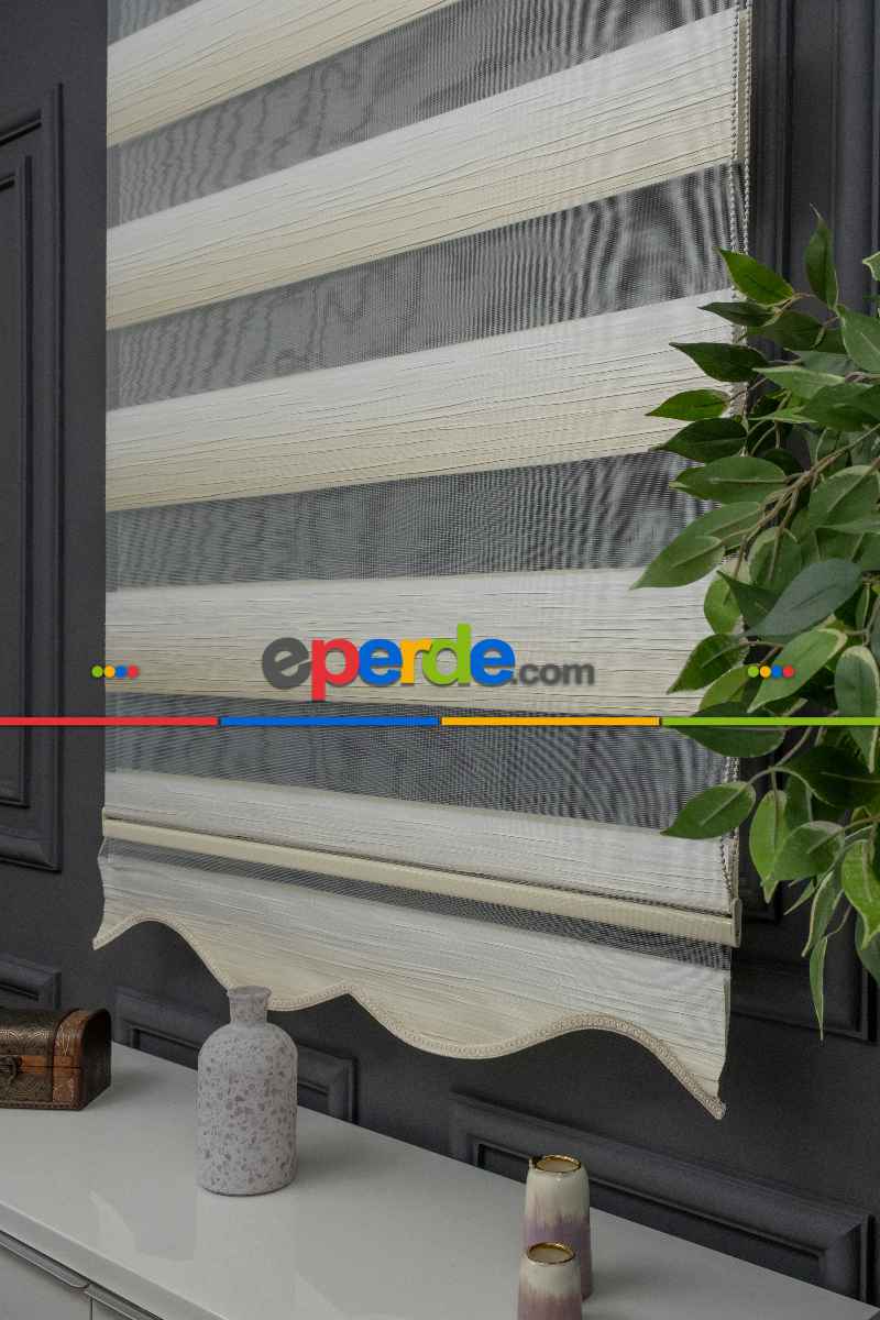 Salon Zebra Perde - Krem Renginden Bej Rengine Geçişli Plise Zebra Perde - Kornişe Kolay Montaj Ayağı Seçenekli - Standart Metal Kasalı