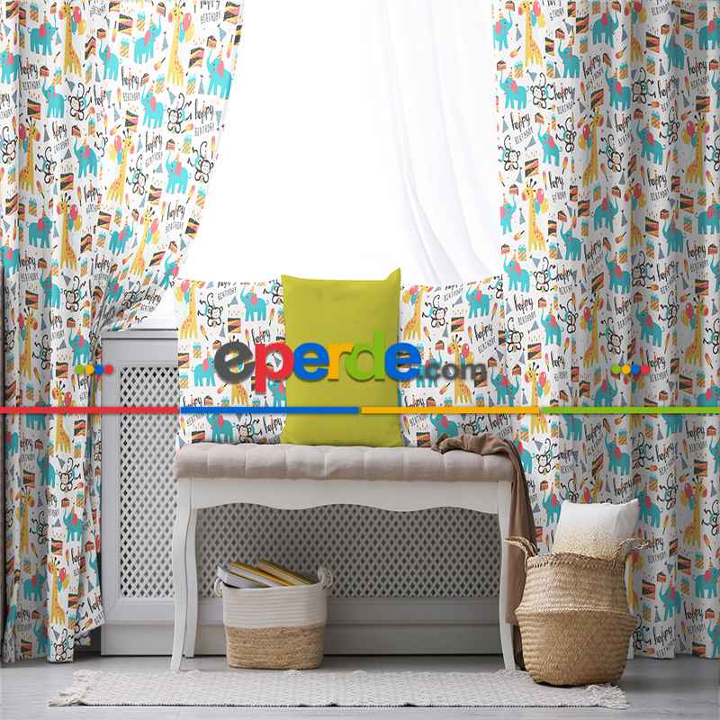 Zürafa Desenli Fon Perde Evim869 Kumaşı Kalındır Duck Bezi Değildir- Mavi-beyaz