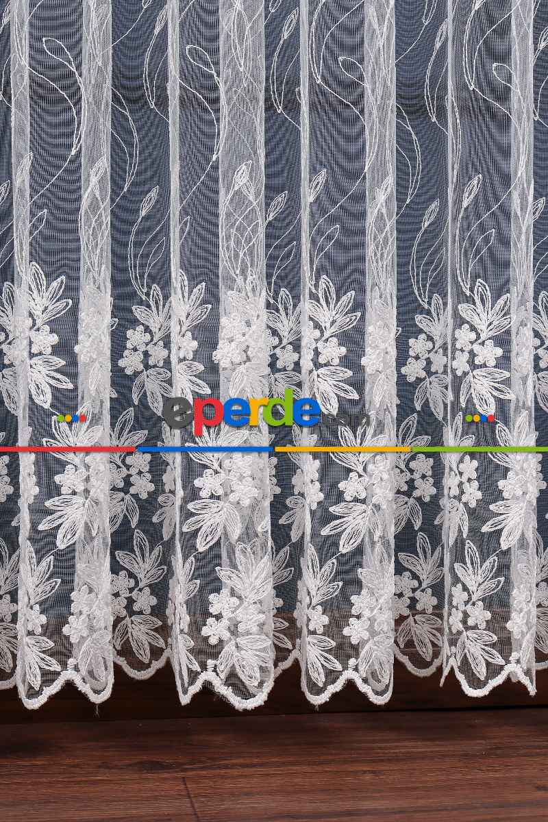 Mutfak Brode Işlemeli Sarmaşık Desen Çiçekli Tül Perde