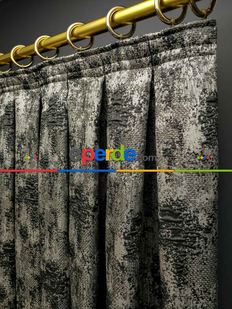 Salon Perdesi - Modern Desenli Jakarlı Fon Perde Yeni Seri 401- Gri-Füme-Antrasit