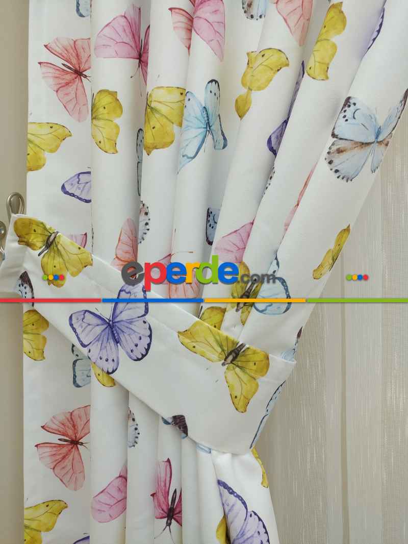 Kız Çocuk Odası Fon Perde - Kelebek Desenli Fon Perde