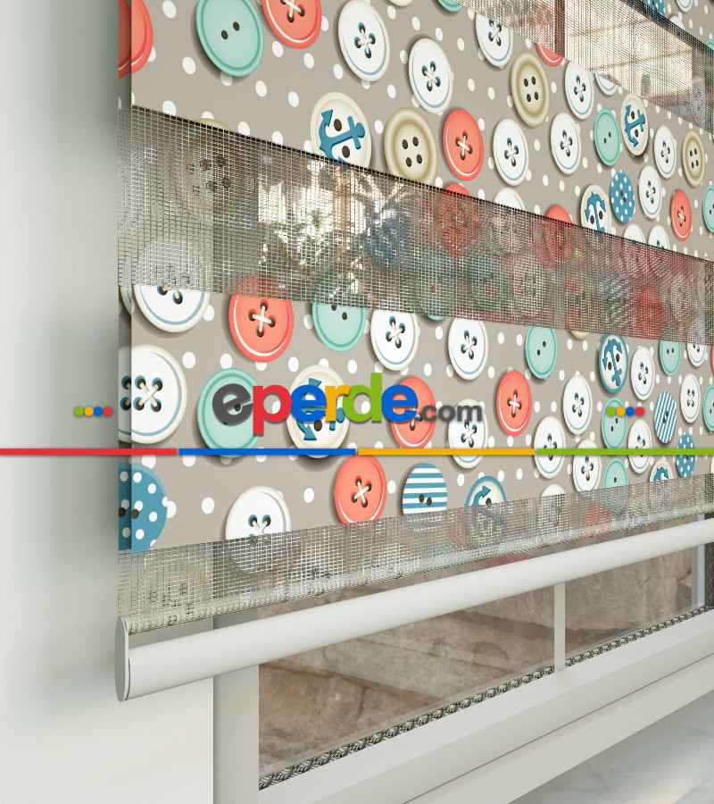 Renkli Düğmeler Baskılı Zebra Perde- Mavi-beyaz-turuncu-su Yeşili