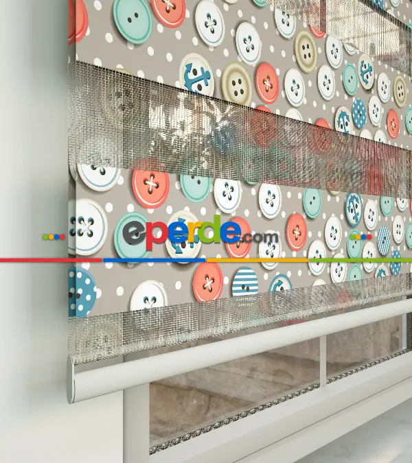 Renkli Düğmeler Baskılı Zebra Perde- Mavi-beyaz-turuncu-su Yeşili