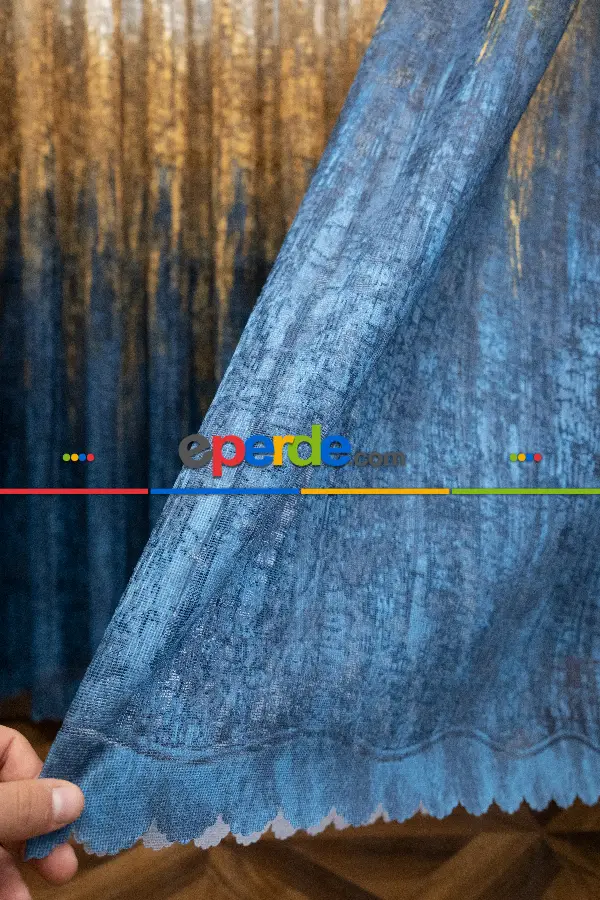 Modern Hardal Ve Mavi Desenli Degrade Geçişli Örme Tül Perde Yüksek Kalite