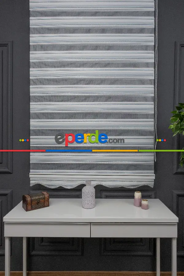 Mavi Krem Gümüş Simli Plise Zebra Perde