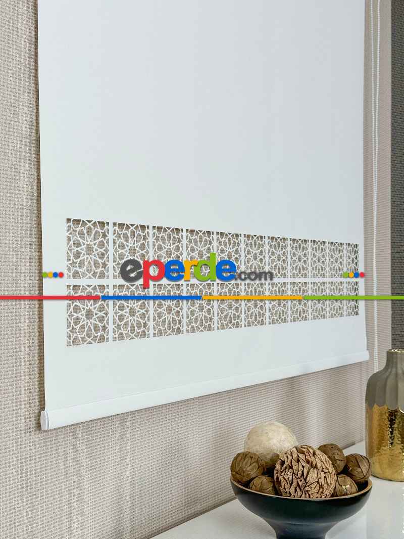 Ekru Lazer Kesimli Stor Perde ( Lazer Kesim Fiyata Dahildir) Metal Kasalı - Yüksek Kalite - Kornişe Kolay Montaj Seçenekli