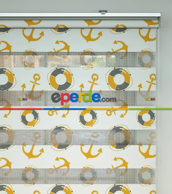 Bebek Odası Zebra Perde - Çapa Desenli Baskılı Zebra Perde- Gri-Füme-Antrasit-Sarı