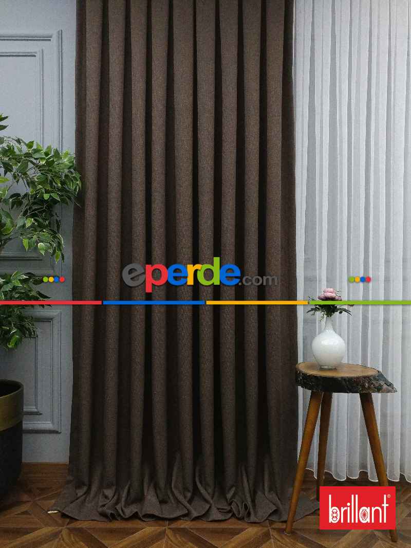 Brillant Keten Koyu Vizon Ceviz Renk Düz Fon Perde - Ceviz