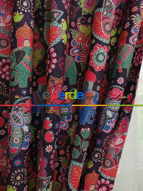 Fil Desenli Etnik Hazır Fon Perde - Kumaşı Kalındır Duck Bezi Değildir- Lacivert-Mavi-Beyaz-Mor-Fuşya