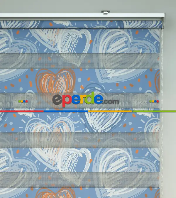 Çocuk Odası Zebra - Kalp Desenli Baskılı Zebra Perde- Çok Renkli