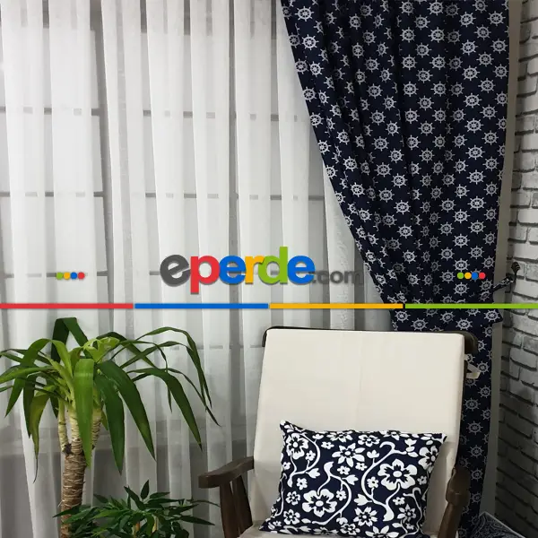 Bebek Odası - Marin Serisi Dümen Desenli Fon Perde Evm1512-6 Kumaşı Kalındır Duck Bezi Değildir- Lacivert