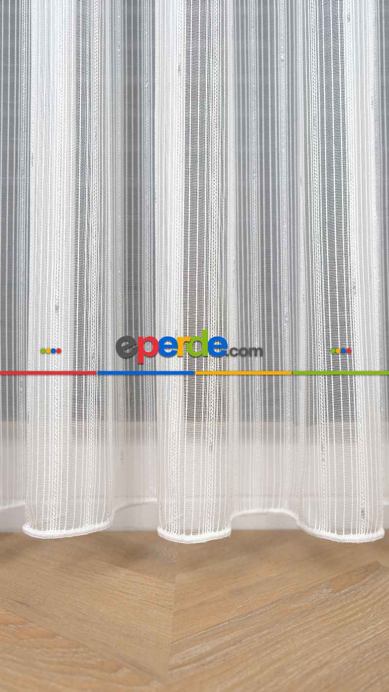 Ekru Zincir Çizgilli Gümüş Simli Tül Perde