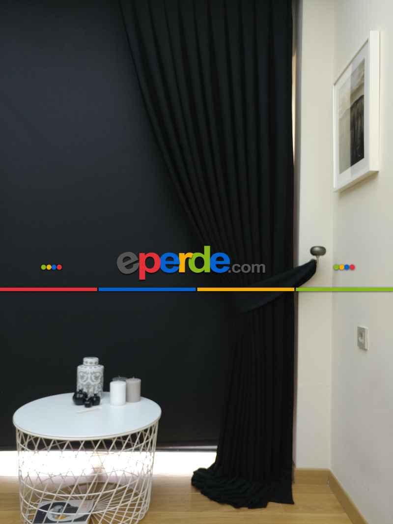 Siyah Düz Renk Dökümlü Fon Perde (150)- Siyah