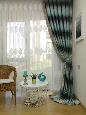 Renk Geçişli Jakar Damask Desenli Salon Fon Perdesi - Lacivert - Mavi - Bej ( Kendinden Saçaklı)- Bej-füme-turkuaz