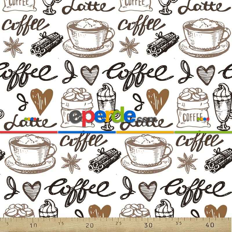 Kahve Fincan Desenli Fon Perde Evm821 Kumaşı Kalındır Duck Bezi Değildir- Siyah-Beyaz