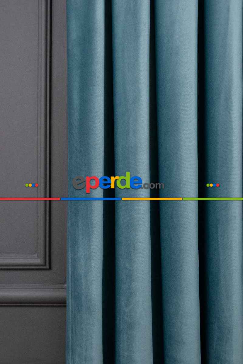 Yatak Odası - İthal Kadife Fon Perdelik Geniş Enli ( Turkuaz)