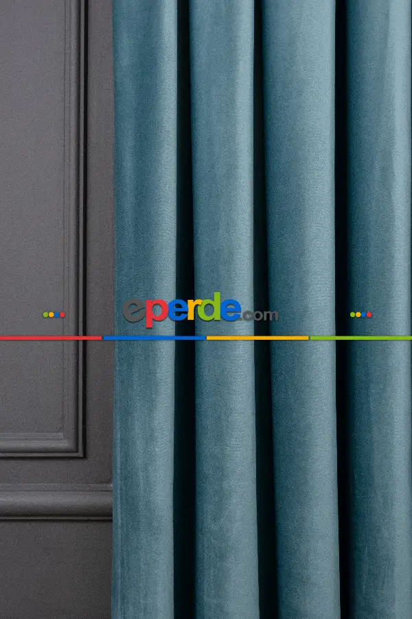 Yatak Odası - İthal Kadife Fon Perdelik Geniş Enli ( Turkuaz)