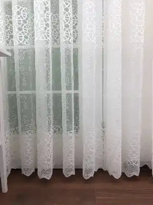 Enine Çizgili Arası Geometrik Örme Tül Perde Yüksek Kalite- Ekru