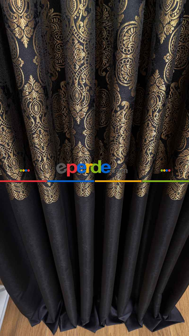 Siyah Altın Fon Perde, Damask Desenli, Pano Fon Perde