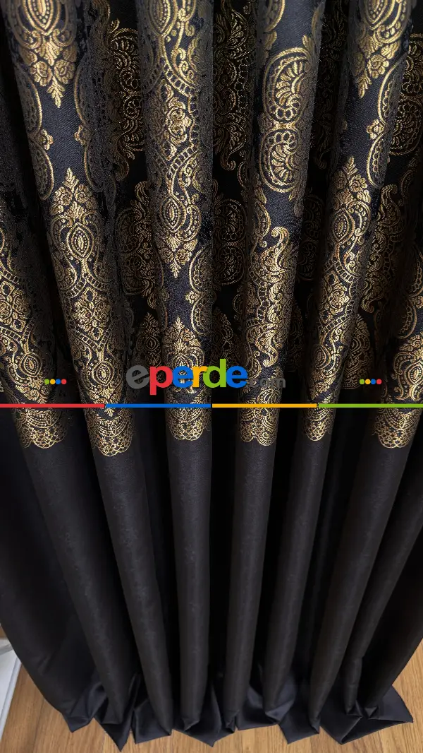 Siyah Altın Fon Perde, Damask Desenli, Pano Fon Perde