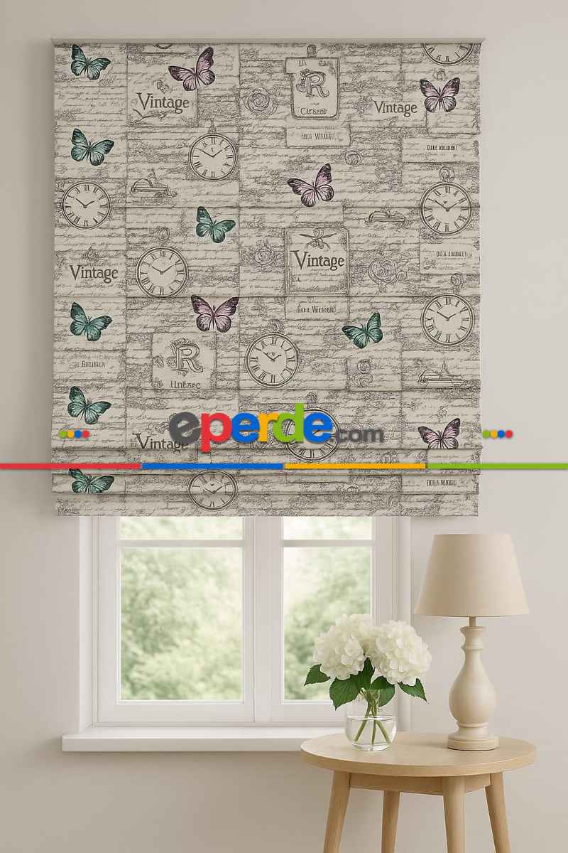 Mutfak - Kelebek Desen Retro Ütü İstemez Vintage Katlamalı Modern Mutfak Çocuk Odası Perdesi