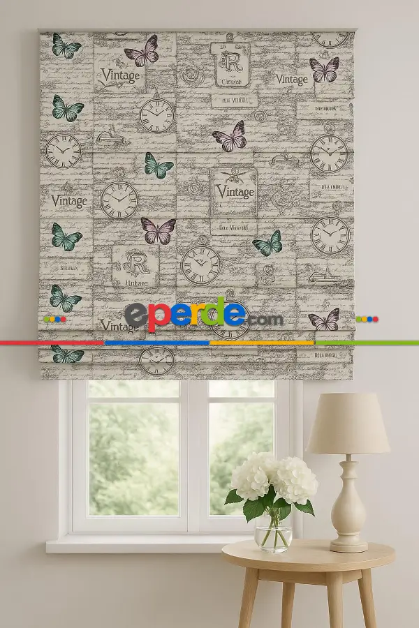 Mutfak Kelebek Desen Retro Ütü İstemez Vintage Katlamalı Modern Mutfak Çocuk Odası Perdesi