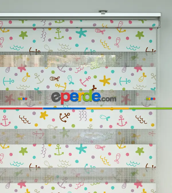 Bebek Odası Zebra Perde - Çapa Desenli Baskılı Zebra Perde- Çok Renkli