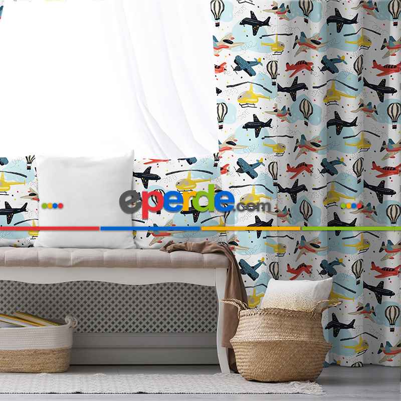 Çocuk Odası - Uçan Araçlar Fon Perde Evim801 Kumaşı Kalındır Duck Bezi Değildir- Mavi-beyaz