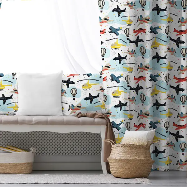 Uçan Araçlar Fon Perde Evim801 Kumaşı Kalındır Duck Bezi Değildir- Mavi-beyaz