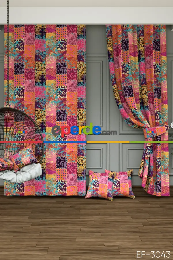 Dökümlü Kumaştan Genç Odası - Etnik Desenli Baskılı Fon Perde- Turkuaz-pembe-mor-hardal Sarısı