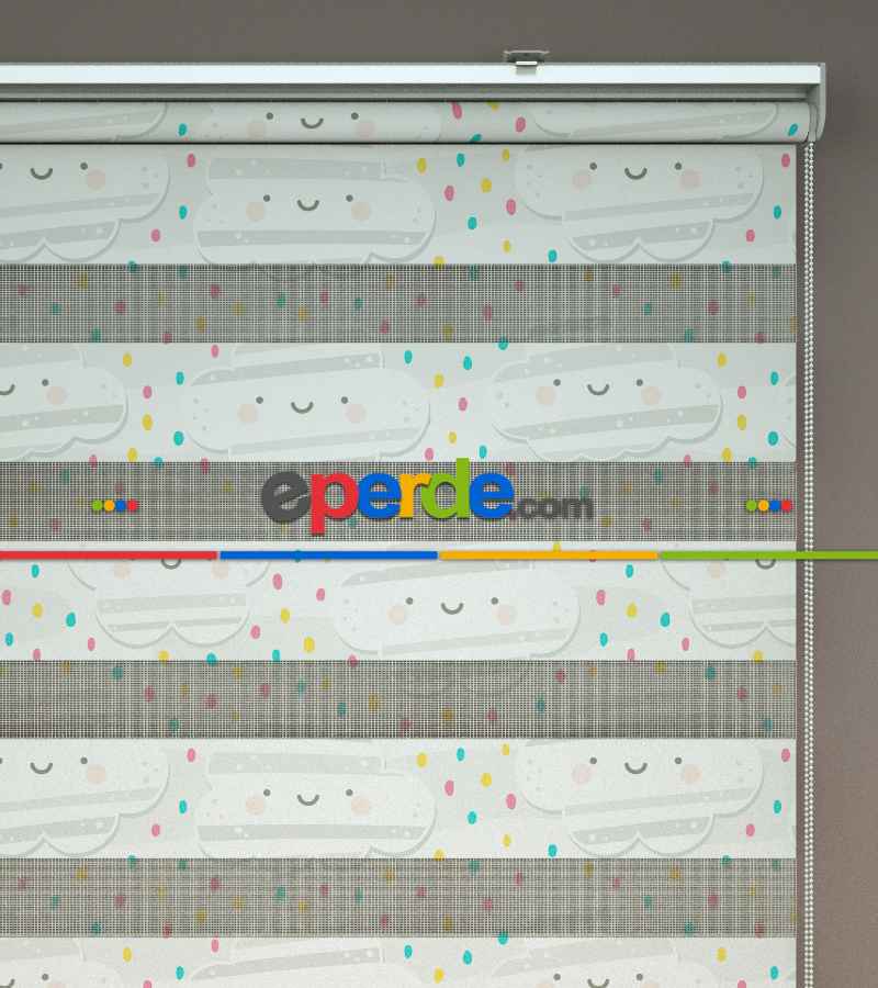 Bulut Desenli Baskılı Zebra Perde- Çok Renkli