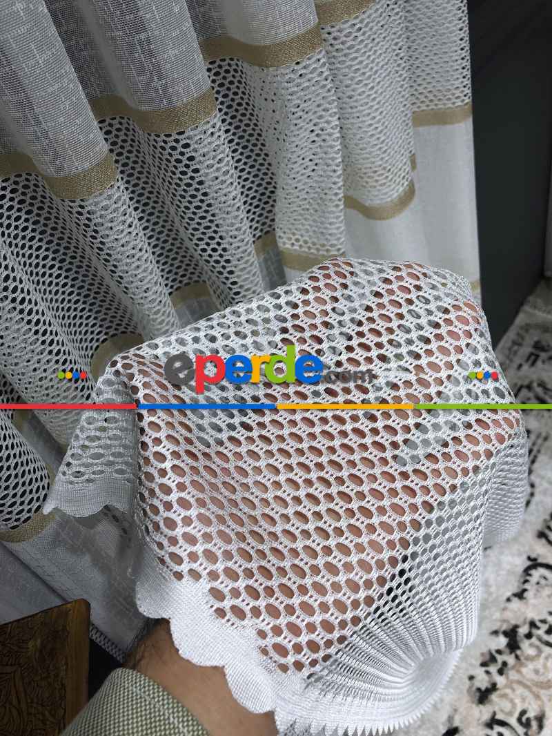 Altın Çizgili Tül Perde - Spor Desenli - Tül Perde - Örme Tül Perde - Ütü İstemeyen