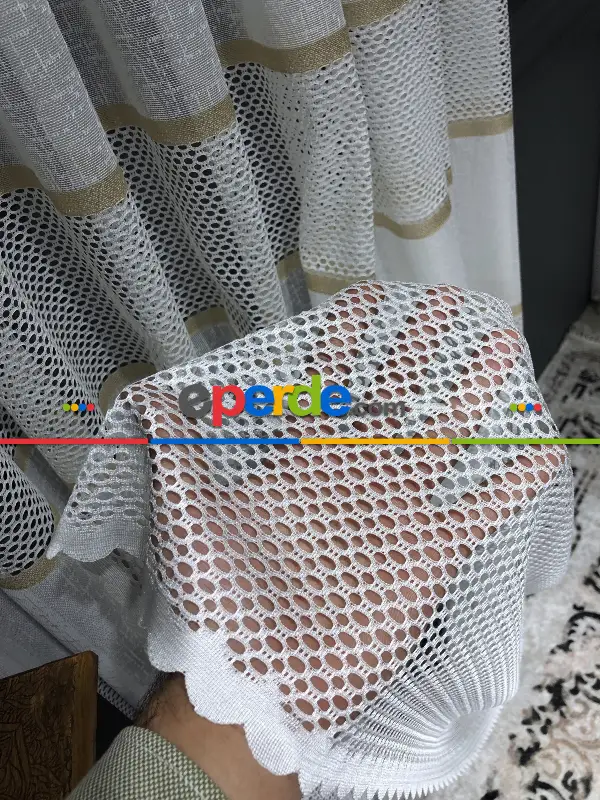 Salon - Aplik, Jakar, Eteği Bordürlü, Tül Perde - Ekru/gold