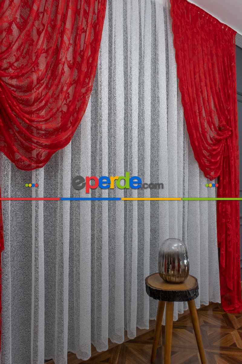 Tül Fon Kırmızı Renk Büzgülü Tasarım Moda Tasarım Fon Perde- Kırmızı 70cm X 1cm 