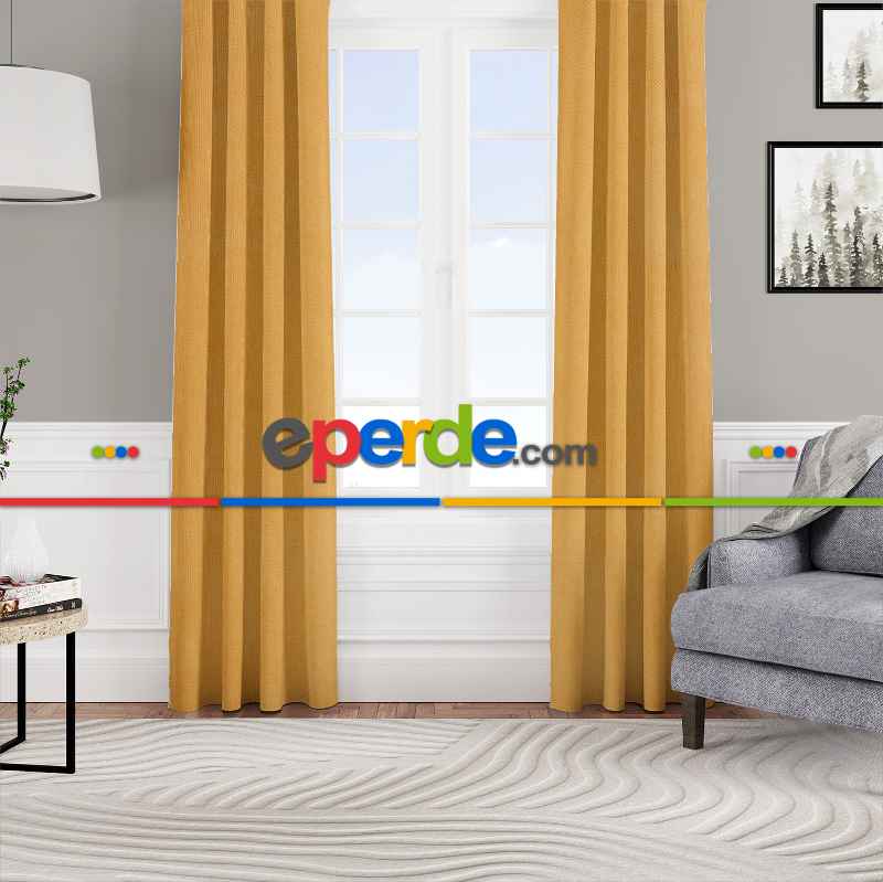 Kadife Dokulu Fon Perde Pilesiz Tek Kanat Sarı