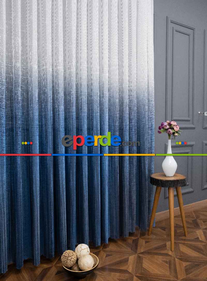 Salon Tül Modelleri - Modern Mavi Desenli Degrade Geçişli Tül - Örme Dantel Tül