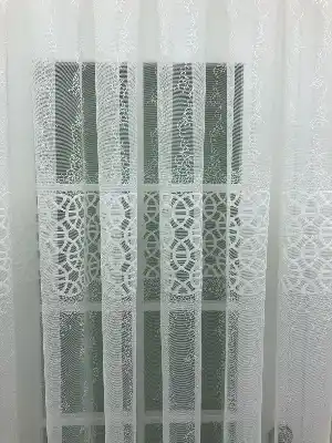 Enine Çizgili Arası Geometrik Örme Tül Perde Yüksek Kalite- Ekru