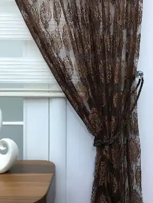 Kahverengi Damask Desen İp Tül Fon Perde - Kordon Bağcıklı Gönderilmektedir- Kahverengi