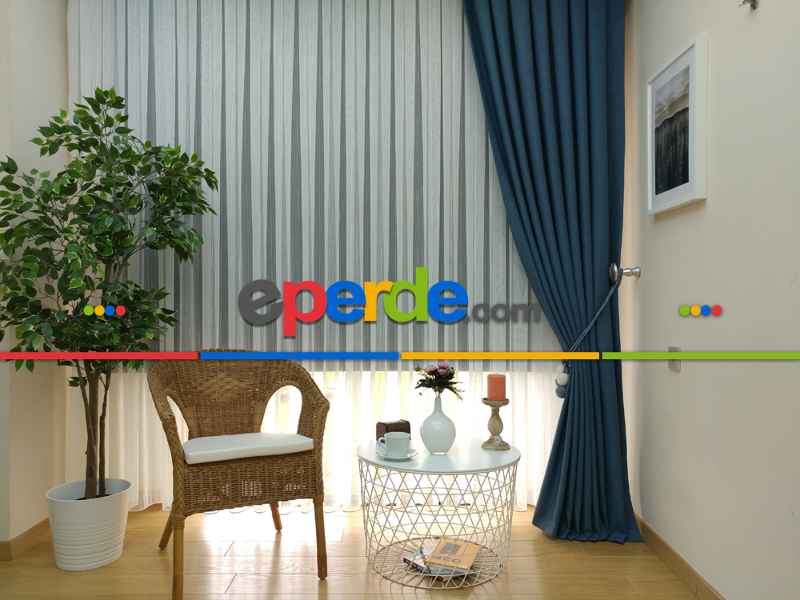 Salon Fon Perde - Keten Mavi Renk Düz Fon Perde - Mavi