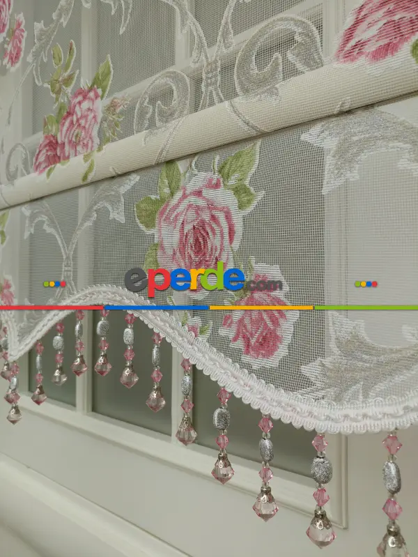 Pembe Çiçek Desenli Çiftli Sistem Tül Stor Perde- Pembe