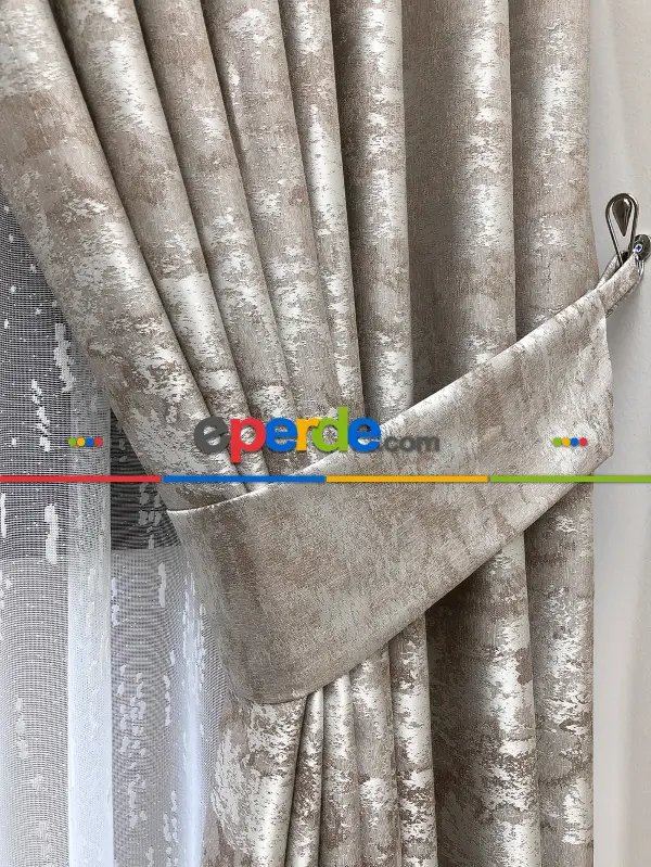 Bej - Katyonik Jakar Fon Perde- Bej