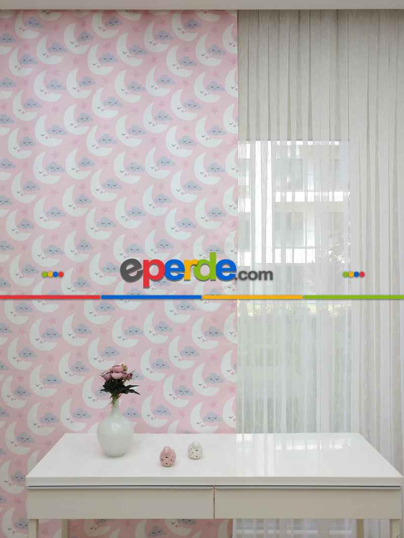 Kız Çocuk Odası Fon Perde - Ay Dede Desenli Fon Perde Modelleri - Pembe Mavi