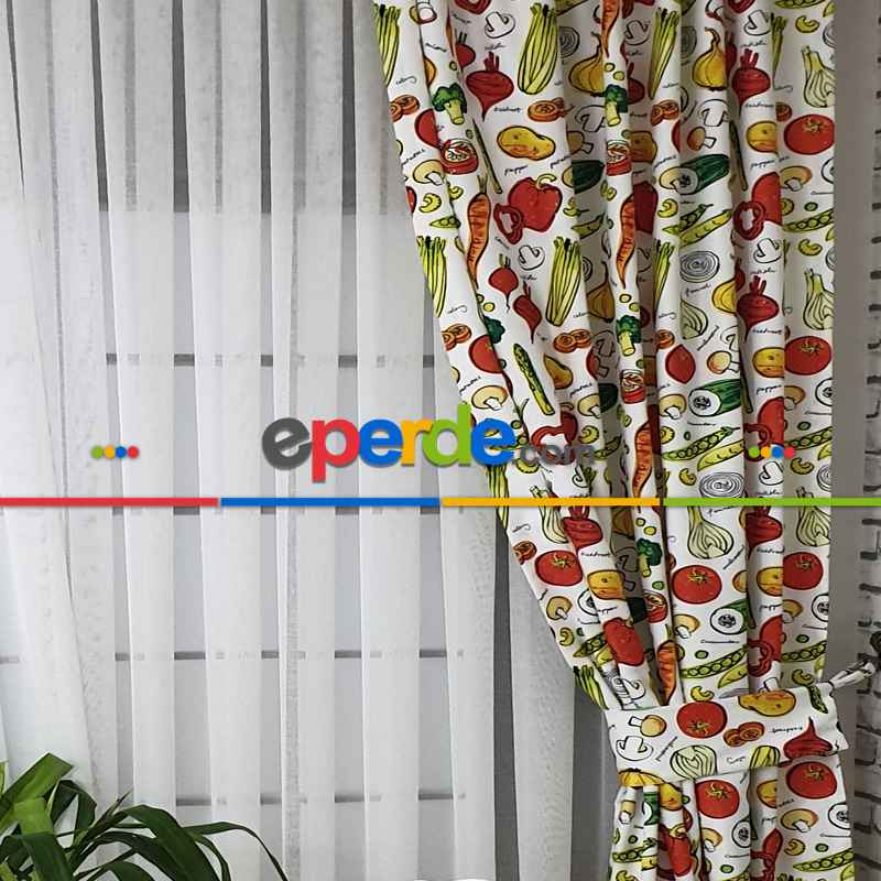 Mutfak Perdesi Kanat Fon Perde Sebze Desenli- Yeşil
