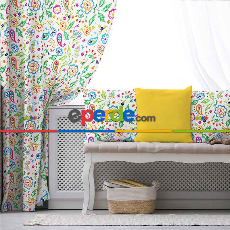 Etnik Desenli Fon Perde Evim801 Kumaşı Kalındır Duck Bezi Değildir- Mavi-beyaz